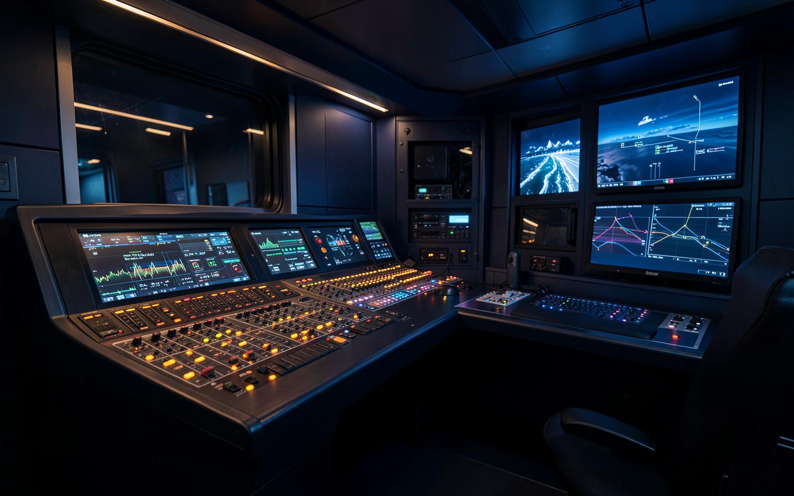 Entertainment control room with lighting and audio consoles on a cruise ship