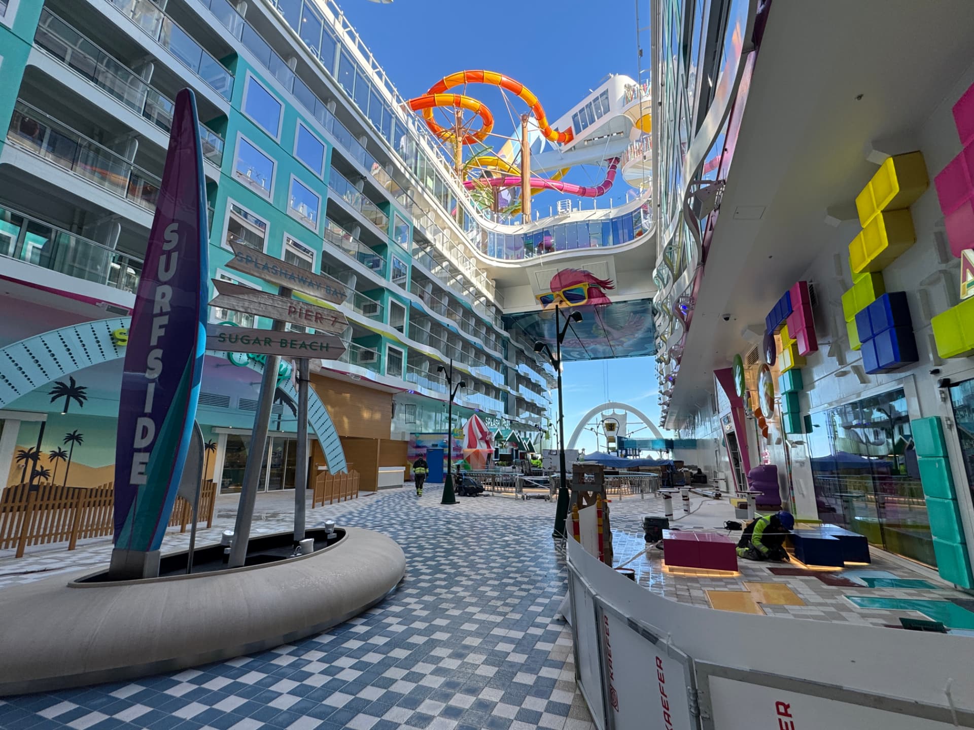 Surfside neighbourhood and water slides on an ICON-class cruise ship during outfitting