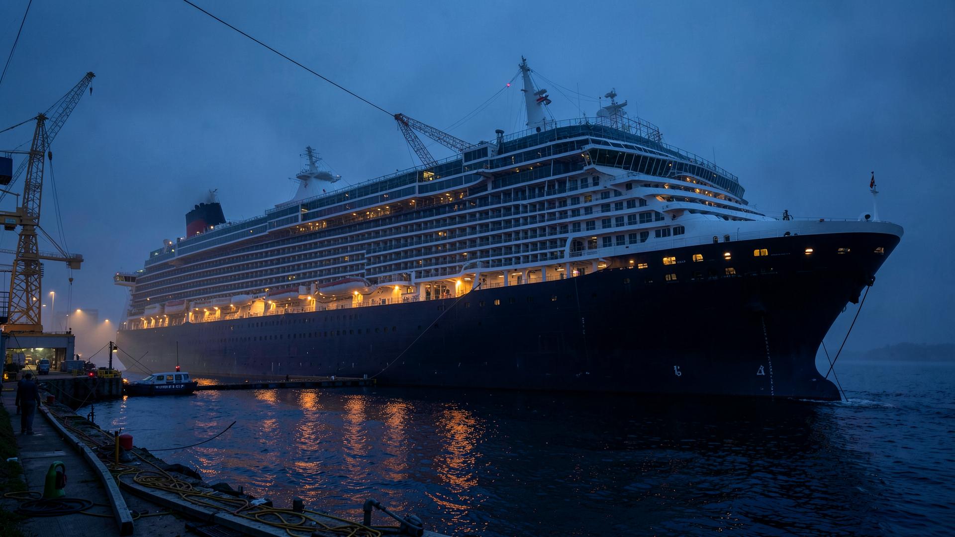 ICON-class cruise ship at the shipyard in Turku at dusk