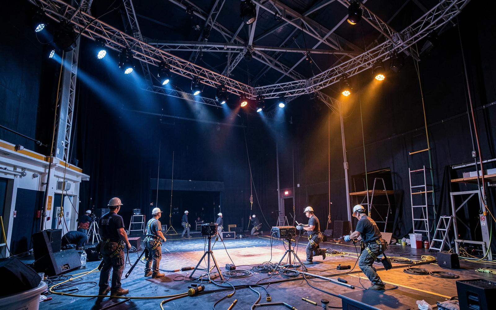 Technicians installing stage lighting and audio systems in a cruise ship theater
